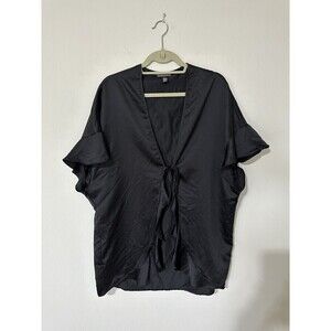 Victoria's Secret Black Satin Ruffled Kimono Tie-front Robe Lounge Women's O/S